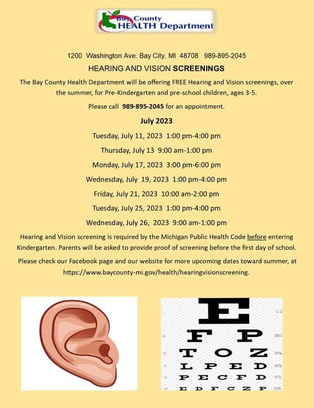 Bay County Health Department July 2023 schedule for Hearing and Vision screenings
