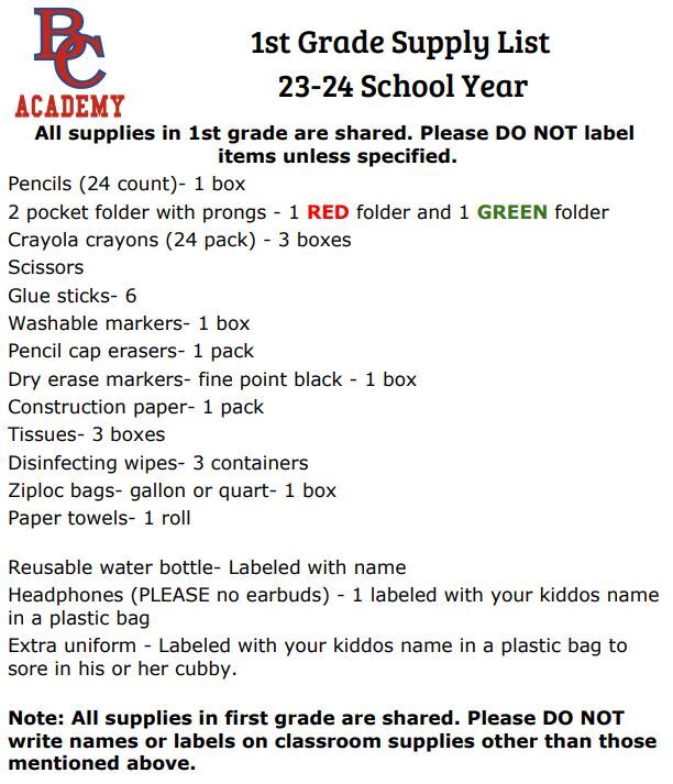 School Supply List ParentStudent Resources Bay City Academy