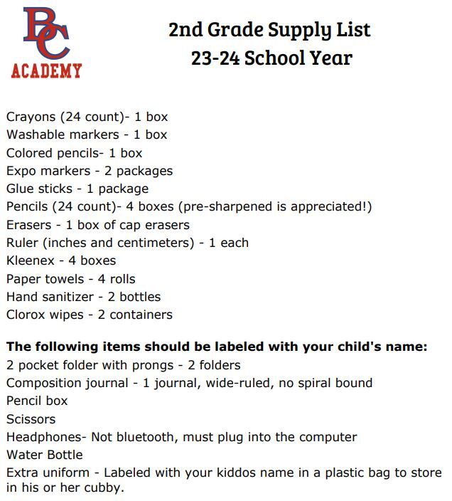 School Supply List ParentStudent Resources Bay City Academy