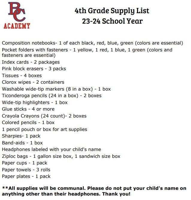 School Supply List ParentStudent Resources Bay City Academy