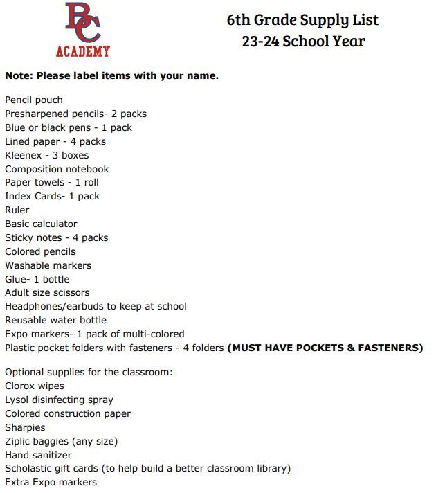 School Supply List ParentStudent Resources Bay City Academy