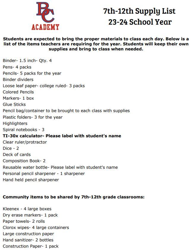 School Supply List ParentStudent Resources Bay City Academy