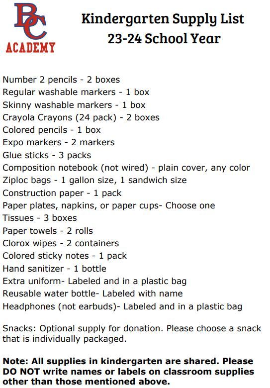 School Supply List ParentStudent Resources Bay City Academy